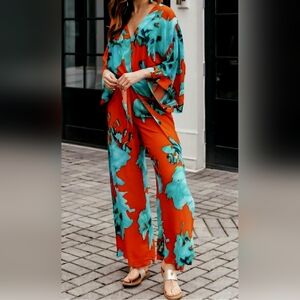 Brookstone Orange and Blue Floral Jumpsuit
